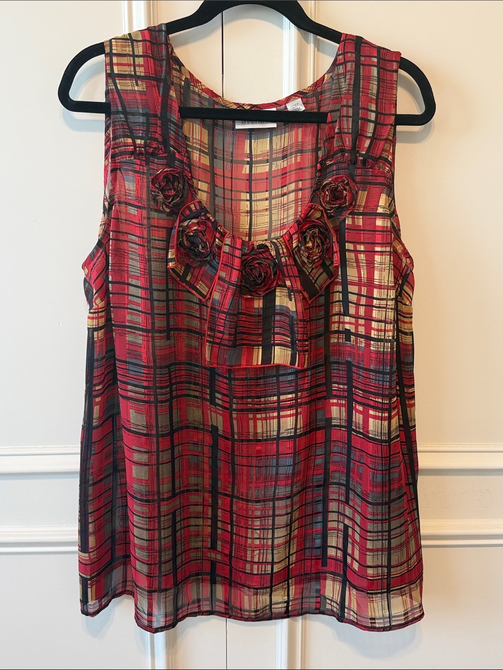 Dress Barn Red Plaid Sleeveless Camisole with Rosette Trim